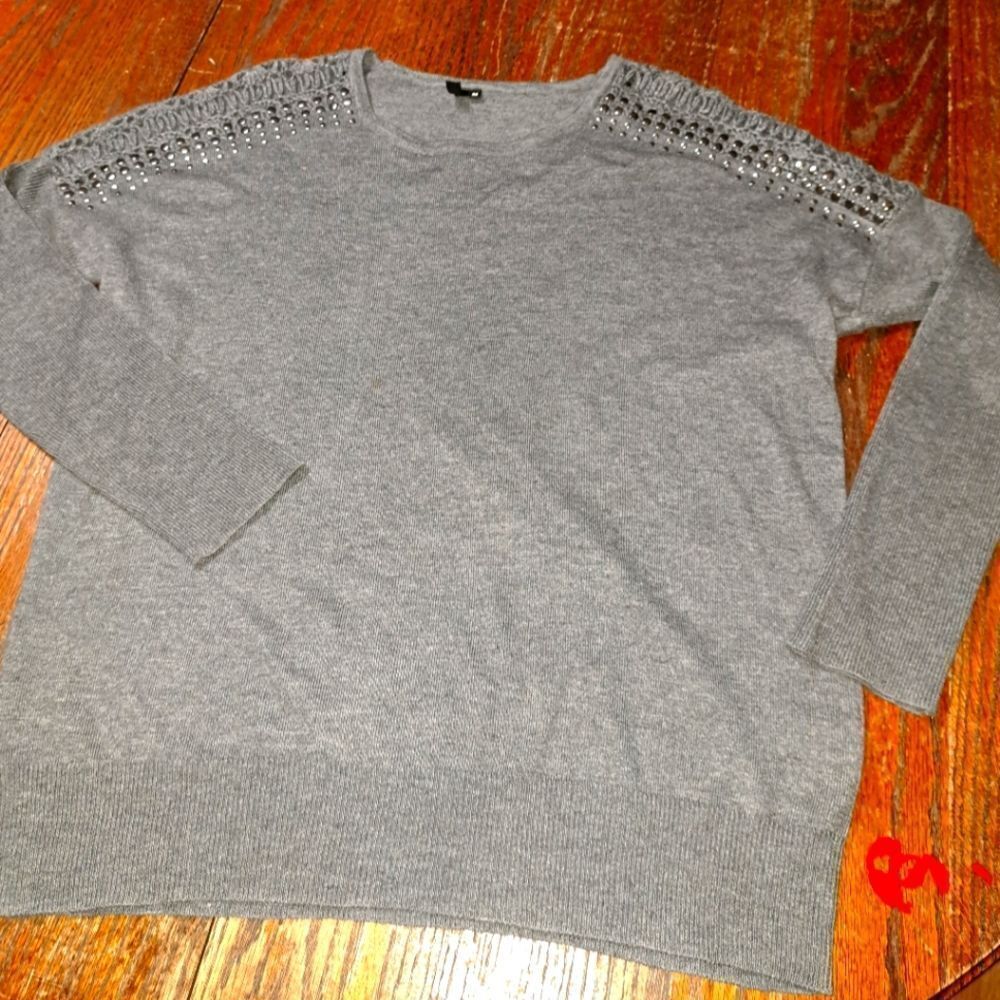 Medium VIP Grey Long Sleeve Crochet Knit Shoulder Embellished Knit Sweater